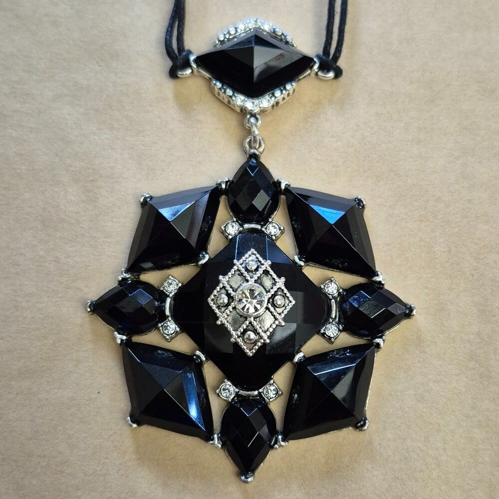 Vintage Avon NRT Black Medallion Necklace W Rhinestone Crystals Statement 16"